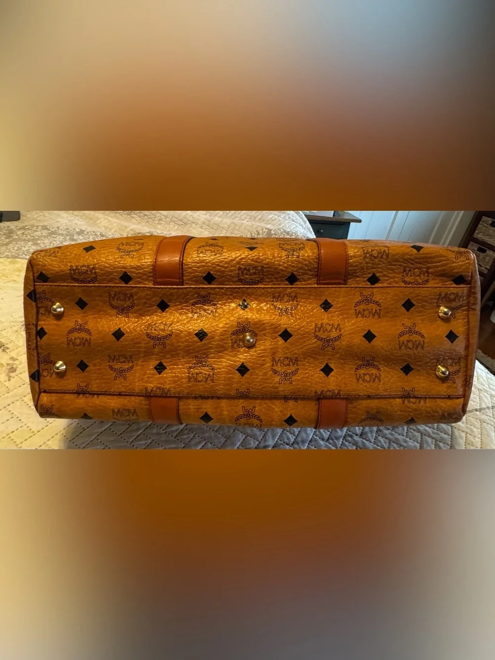 EUC MCM Visetos Leather Duffle Bag in Cognac Brown No Crossbody Strap